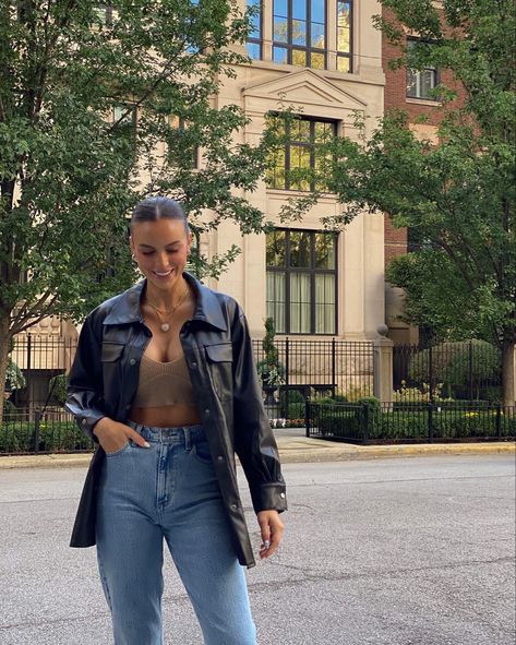 Leather Flannel Outfit, Mom Jeans Outfit Dinner, Modest Shacket Outfit, Jean And Leather Jacket Outfit, How To Style Leather Shacket, Belted Shacket Outfit, Leather Shaket Outfits, Pleather Shacket Outfits, Bralette Outfit Winter