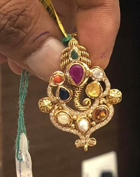 Navratan Jewellery, Premraj Shantilal Jain Jewellers, Gold Jewelry Outfits, Diamond Pendants Designs, Gold Necklace Indian Bridal Jewelry, Jewelry Styles, Bridal Diamond Jewellery, Gold Pendant Jewelry, Black Beaded Jewelry