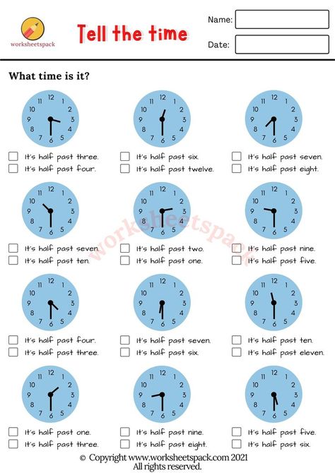 What time is it? Free telling the time worksheets. Clock Learning For Kids, Learning Time Clock, Clock Worksheets, Teaching Clock, Learning Clock, Learn To Tell Time, Telling Time Worksheets, English Activities For Kids, Time Worksheets