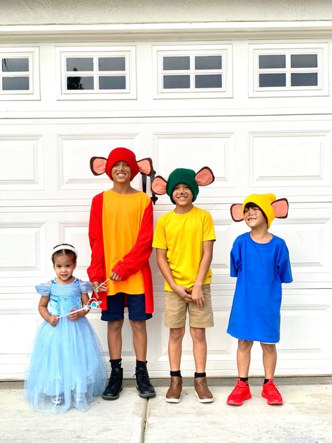 Mice costumes were created with colorful t-shirts purchased from Michaels, colored beanies and ears made of felt, pipe cleaner and a glue gun (pinned on with close pins) Cinderella Halloween Costume Family, Cinderella Mice Costume, Diy Cinderella Costume, 2022 Costumes, Cinderella Play, Cinderella Halloween Costume, Family Themed Halloween Costumes, Themed Costumes, Teacher Dress