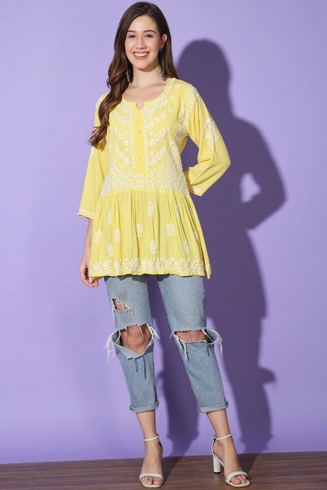 Magical Inspiration, Jeans Palazzo, Cotton Frock, Chikankari Embroidery, Frock Style, Cotton Frocks, Short Kurta, Prom Dresses Ball Gown, Tunic Top