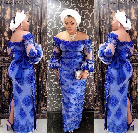 Check Out This Beautiful Blue Aso Ebi Lace Styles : Offshoulder - DeZango Fashion Zone Navy Blue Asoebi, Blue Asoebi Lace Styles, Blue Asoebi, Asoebi Lace Styles, Asoebi Lace, Aso Ebi Lace, Aso Ebi Lace Styles, Nigeria Wedding, Nigerian Lace Styles