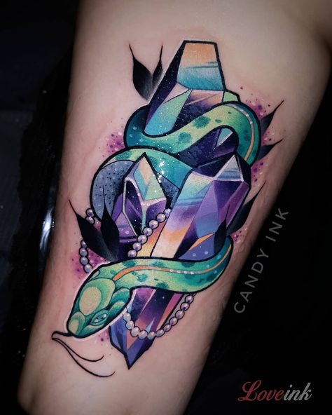 Tattoo artist Laura Konieczna, color authors style neo-traditonal tattoo | Poland Traditonal Tattoo, Snake Tattoo Meaning, Gotik Tattoo, Gem Tattoo, Jewel Tattoo, Crystal Tattoo, Kunst Tattoos, Theme Tattoo, Halloween Tattoo