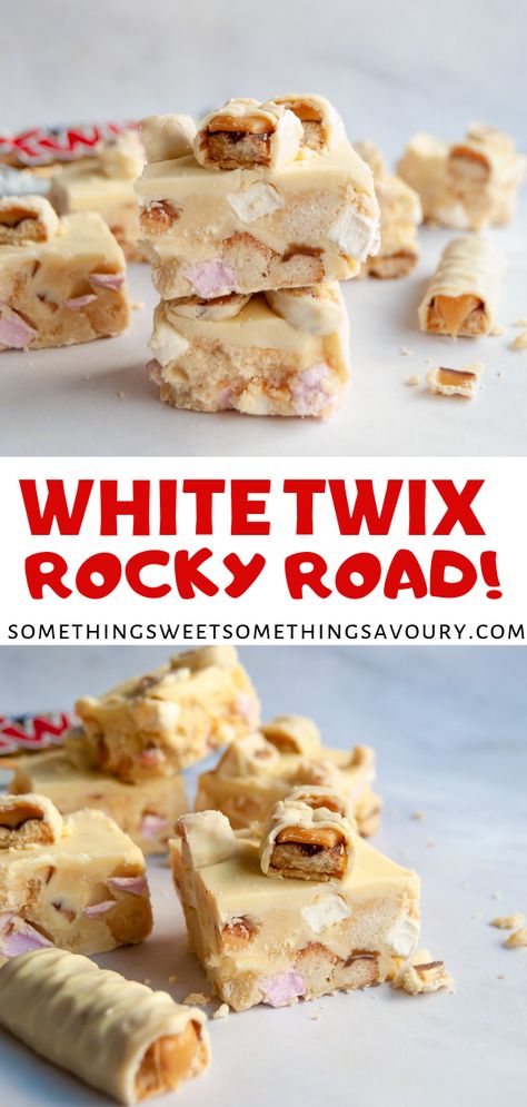 This easy, no bake White Twix Rocky Road with shortbread chunks, white chocolate, marshmallows and white Twix pieces is the perfect sweet treat for Twix bar fans! #nobakedessert #nobakerecipe #rockyroadrecipe #twixrockyroadrecipe #whitechocolaterockyroadrecipe White Chocolate Tiffin, Twix Recipes, Quick Bakes, Easy Squares, Dessert Slices, Twix Chocolate, Rocky Road Recipe, Twix Bars, Twix Bar