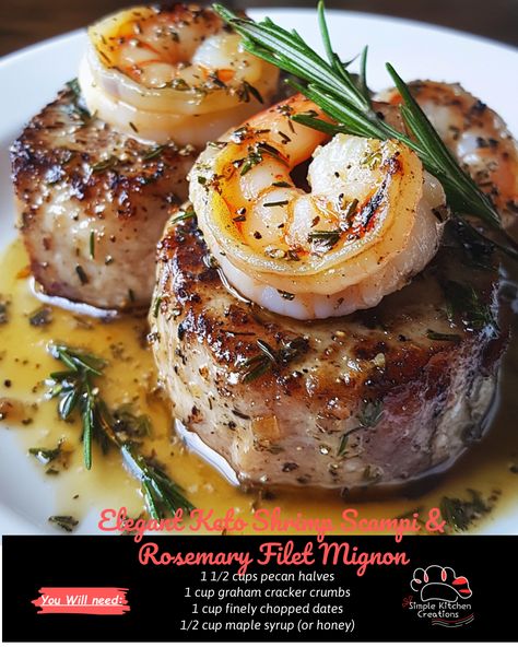 Indulge in a luxurious and flavorful meal with this elegant Keto Shrimp Scampi & Rosemary Filet Mignon recipe. With succulent shrimp cooked in a garlicky butter sauce and perfectly seasoned filet mignon topped with fragrant rosemary, this dish is sure to impress your dinner guests. Treat yourself to a high-end dining experience without straying from your keto diet. #keto #shrimpscampi #filetmignon #elegantdining #ketorecipe Filet Mignon And Shrimp Recipes, Keto Shrimp Scampi, Filet Mignon Recipe, Mignon Steak, Filet Mignon Recipes, Keto Shrimp, Filet Mignon Steak