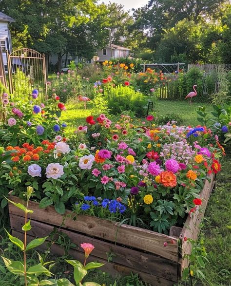 Wildflower Flower Bed Front Yards, Cottagecore Outdoor Decor, Cottage Flower Garden Aesthetic, Bathroom With Red Accents, Small Garden Aesthetic, Flower Garden Backyard, Fairytale Garden Ideas, Cottagecore Yard, Small Cottage Garden Design