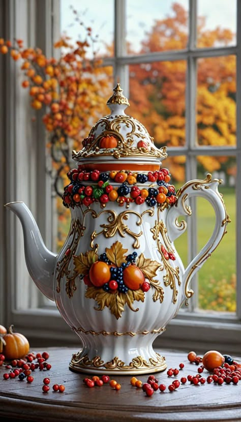 Excentric Autumn teapot - AI creation Vintage Teapots Unique, Crockery Design, Vintage Teapots, Mugs Collection, Teapots Unique, Miniature Tea Set, Special Images, Tea Cups And Saucers, Teapots And Cups