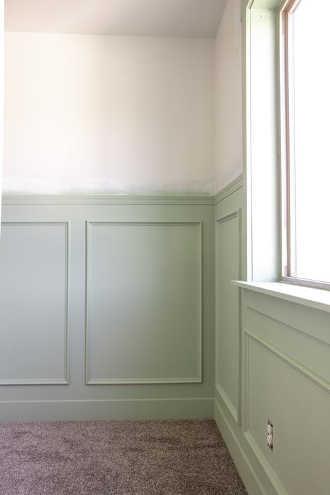 Chair Rail And Box Molding, Box Trim Wallpaper, Box Trim With Wallpaper, Box Trim Nursery, Diy Box Trim, Box Trim Bedroom, Nursery Chair Rail, Box Trim On Wall, Eloise Nursery