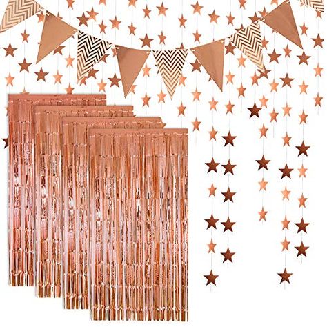 Rose Gold Foil Fringe Metallic Tinsel Curtains Photo Backdrop Set,Flag Bunting Banner,Glitter Paper Star Shape Garlan... Bachelorette Party Photo, Party Fotos, Party Photo Backdrop, Curtain Backdrops, Wedding Bachelorette Party, Curtain Fringe, Bachelorette Decorations, Birthday Inspo, Rose Gold Party