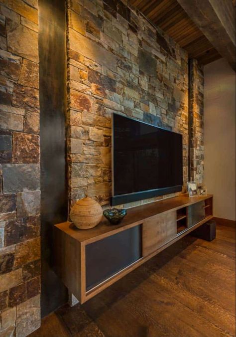 Bedroom With Stone Wall Interior Design, Basement Stone Wall Ideas, Modern Rustic Tv Wall, Stone On Walls Interior, Tv Stone Wall Design, Living Room Stone Wall Ideas, Stone Cladding Interior Living Rooms, Tv Wall Stone Design, Stone Wall In Living Room