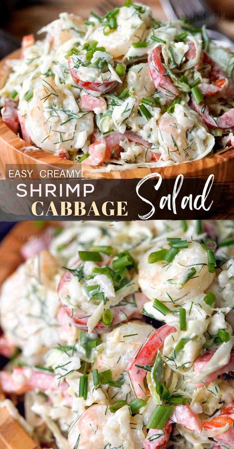 Cabbage And Shrimp, Shrimp Cabbage, Cabbage Cooked, Creamy Dill Dressing, Cold Shrimp, Cabbage Salad Recipe, Unprocessed Recipes, Dairy Free Salads, Sea Food Salad Recipes