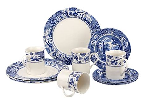 Spode Blue Italian Brocato 12 Piece Dinnerware Set | Service for 4 | Dinner Plate, Salad Plate, and Mug | Made of Fine Earthenware | Microwave and Dishwasher Safe Italian Dinner Plates, Spode Blue Italian, Italian Accessories, Plates And Bowls Set, Italian Salad, Spode Christmas, Porcelain Dinnerware, Italian Ceramics, Dinner Plate Sets