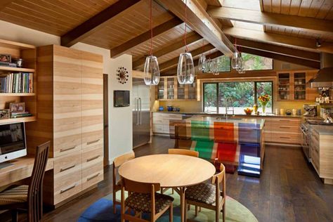 Dark wood floors with light cabinetry.,  Mid-Century Modern Ranch in Sullivan Canyon Hickory Doors, Mid Century Modern Ranch, Top Cabinets, Hickory Kitchen Cabinets, Ranch House Remodel, Modern Ranch House, Hickory Cabinets, Mid Century Ranch, Modern Ranch