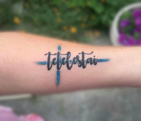 My new tattoo! Tetelestai=It Is Finished. Watercolor cross behind. Hallelujah Tattoo, Tetelestai Tattoo, Agape Tattoo, Grace Tattoos, Hebrew Tattoo, Tattoo Sites, Tatuagem Masculina Pequena, Cursive Tattoos, Remembrance Tattoos