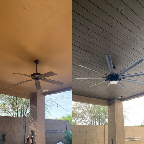 Backyard Patio Ceiling Fan, Back Patio Ceiling Ideas, Covered Patio Ceiling Ideas, Outdoor Ceiling Fans Covered Patios, Patio Ceiling Ideas, Ceiling Fan Cover, Patio Ceiling, Patio Refresh, Ceiling Remodel