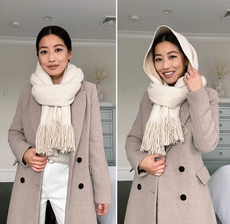 How to style women's scarf as a hat tiktok hack // cream + taupe winter outfit Tie Hack, Ways To Style A Scarf, Style A Scarf, Scarf Hood, Native Outfits, Scarf Wearing Styles, Mango Coats, How To Wear A Scarf, Cute Scarfs