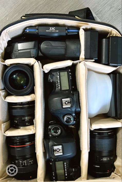 Whats In My Camera Bag, Camera Bag Aesthetic, Canon Camera Aesthetic, Canon Camera Bag, Photographer Aesthetic, Sigma Art, 5d Mark Iv, Photography Bags, Illinois Wedding