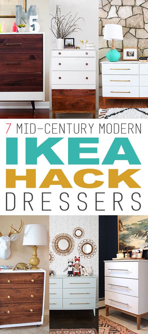 7 Mid-Century Modern IKEA Hack Dressers - The Cottage Market Dresser Makeover Diy, Ikea Dresser, Dressers Makeover, Diy Ikea Hacks, Trendy Bedroom, Mid Century Modern Decor, Furniture Hacks, Bedroom Dressers, Ikea Diy