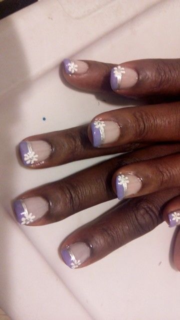 Lavender nail design Lavender French nails Silver glitter and white flower Lavender French Nails, French Nails Silver, Lavender Nail Design, Nails Silver Glitter, Nails Silver, Lavender Nails, Future Wedding Plans, Wedding Plans, White Flower