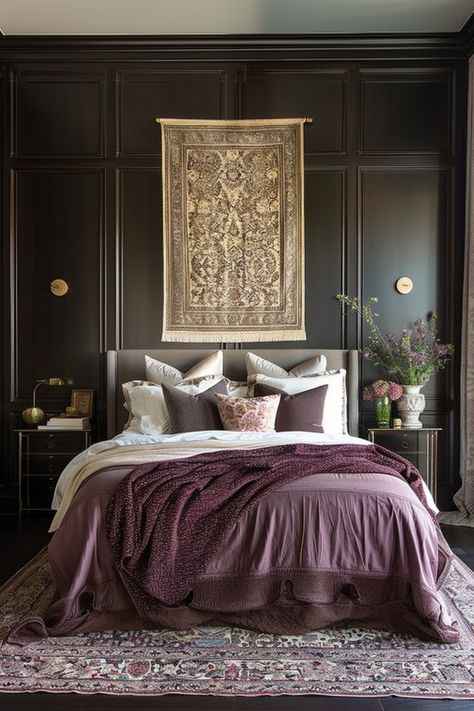 Design a stunning master bedroom wall using these decor ideas and suggestions. Panelled Bedroom, Victorian Bedroom Decor, Victorian Bedroom Ideas, Modern Victorian Bedroom, Bedroom Wall Decor Ideas, Victorian Bedroom, Textured Panels, Fabric Wall Hanging, Bedroom Panel