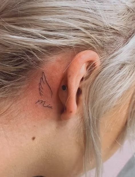 Behind The Ear Tattoo Ideas Angel Wings, Behind Ear Angel Wing Tattoo, Angle Wing Behind Ear Tattoo, Small Angel Wing Tattoo Behind Ear, Behind Ear Wing Tattoo, Angel Wing Ear Tattoo, Angel Ear Tattoo, Angel Wings Behind Ear Tattoo, Angel Wing Behind Ear Tattoo