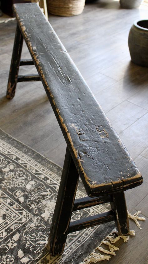 Truly incredible handcrafted weathered black wooden vintage bench! *Although sizes will vary, this product measures approximately from 52” long x 19” tall x 5.5” wide.” Every bench is handcrafted, and though they are similar in size and appearance, they are as different as snowflakes. **This item is considered vintage, Small Wooden Furniture, Small Wooden Bench, Old Benches, Vintage Furniture Design, Antique Bench, Rustic Furniture Diy, Vintage Bench, Rustic Bench, Primitive Furniture