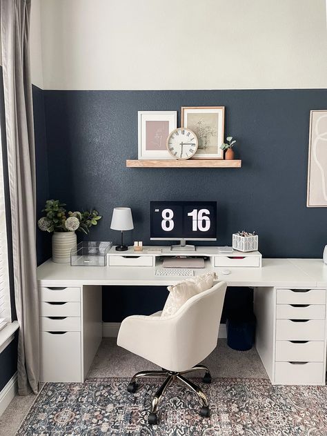 Office Makeover Downstairs Office Ideas, Small Home Office Ikea, Small Office Home Office Design, Bedroom Office Wall Ideas, Blue Home Office Design, Study Desk Ideas Bedroom, Home Office Colour Ideas, Home Office Makeover Ideas, Home Office Design Ikea