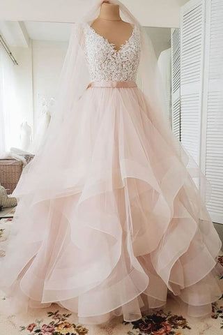 Blush Pink Lace Wedding Dress Multi-Layered Wedding Gowns with Ribbon – Simibridaldresses Pink Lace Wedding Dress, Layered Wedding Dresses, Pastel Pink Weddings, Puffy Wedding Dresses, Long Gown For Wedding, Blush Wedding Gown, Blush Pink Wedding Dress, Pink And White Weddings, Blush Wedding Dress