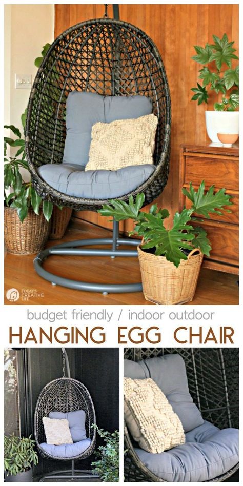 Budget-Friendly Indoor outdoor hanging egg chair | Spring Decorating on a budget | Outdoor Patio decorating ideas | Patio Furniture |  #BHGLivebetter AD TodaysCreativeLife.com Diy Hanging Egg Chair, Diy Egg Chair, Egg Chair Decoration Ideas, Egg Chairs, Hanging Egg Chair, Furniture Ads, Spring Decorating, Farmhouse Porch, Apartment Patio Decor