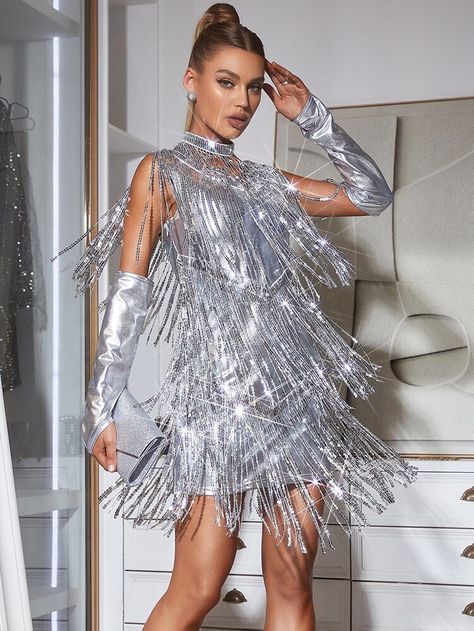 Free Returns ✓ Free Shipping✓. Apperloth A Fringe Trim Sequin Dress With Arm Sleeves & Dickey Collar- Women Dresses at SHEIN. Unusual Halloween Costumes, Dress With Arm Sleeves, Spider Clothes, Fearless Outfits, Taylor Swift Eras Tour 2023, Pride Outfit Ideas, Dickey Collar, Ice Angel, Camp Bestival