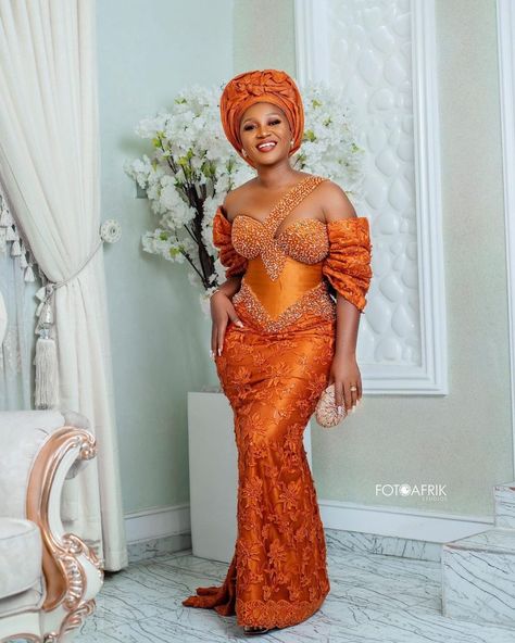 AsoEbiBella.com presents – Aso Ebi Style We Love -Vol. 398 | BellaNaija Burnt Orange Lace Dress, Asoebi Dress, Aso Ebi Dresses, Dress With Applique, Orange Lace Dress, Aso Ebi Lace Styles, Aso Ebi Lace, Nigerian Dress, African Traditional Wedding Dress