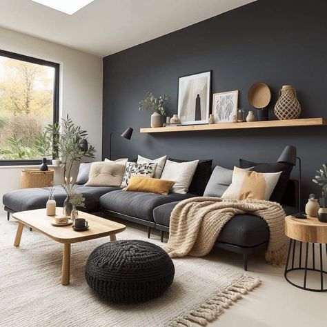 Nordic Living Room Grey Sofa, Mens Interior Design Living Room, Living Room Dark Sofa, Living Room Dark Grey Couch, Living Room Design Dark, Dark Couch Living Room, Beige And Grey Living Room, Modern Living Room Black, Modern Living Room Colors