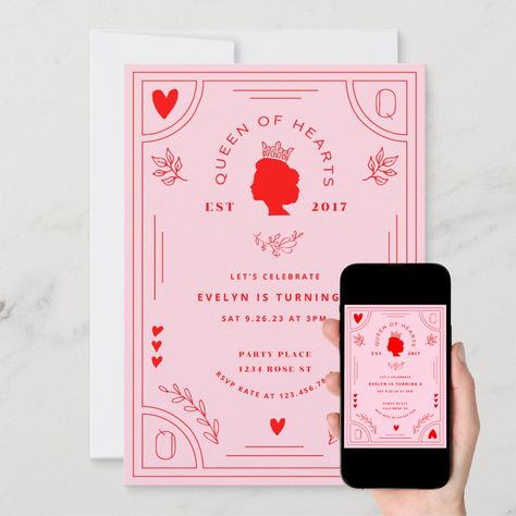 Queen of Hearts Birthday Invitation Light Pink Color Palette, Queen Of Hearts Birthday, Heart Themed Birthday, Valentine Invitations, Red Birthday Party, Valentine Notes, Valentine Poster, Pink Color Palette, Heart Party