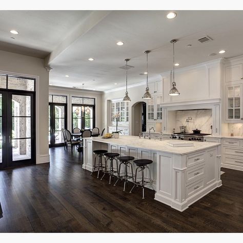 Love the contrast of white and dark wood floors! By Simmons Estate Homes Desain Pantry, Dark Wood Floors, White Kitchen Design, Cool Ideas, Counter Space, Large Kitchen, Style At Home, Traditional Kitchen, Kitchen Remodel Idea