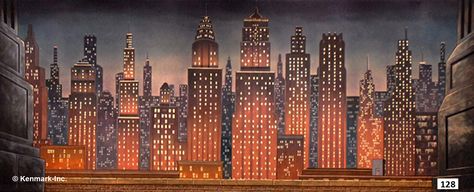 Crazy for You Theatrical Backdrop Rentals by Kenmark Scenic Backdrops Art Deco New York, Set Theatre, Theatre Backdrops, City Backdrop, New York Theme, City At Night, Stage Backdrop, Nyc Skyline, Guys And Dolls