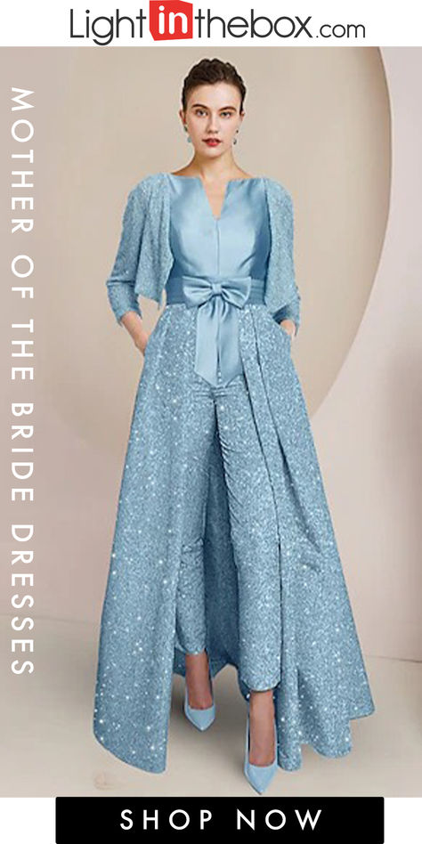 Jumpsuit / Pantsuit 3 Piece Mother of the Bride Dress Formal Sparkle & Shine Elegant Scoop Neck Ankle Length Sequined 3/4 Length Sleeve Wrap Included with Bow(s) Ruched 2023 Dress Formal Elegant, Bride Pantsuit, Dress Formal Wedding Guest, Brides Mom, Mom Pants, Formal Wedding Guests, Two Piece Jumpsuit, Mob Dresses, Mother Of The Bride Dress