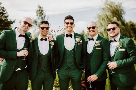 Green Suit Groom Groomsmen Bow Tie Greek English Wedding Holly Collings Photography #Greensuit #WeddingSuit #Groom #Groomsmen #BowTie #Wedding Party Wear Men, Three Piece Suit Wedding, Green Suits, Green Wedding Suit, Wedding Groomsmen Attire, Groomsmen Looks, Prom Suits For Men, Suits Groom, Green Tuxedo