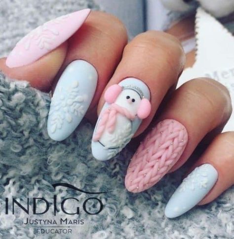 Winter Nail Design, Penguin Nails, Nail Noel, Blue Christmas Nails, Nail Art Noel, Light Baby Pink, Unghie Nail Art, Nagel Tips, Sweater Nails