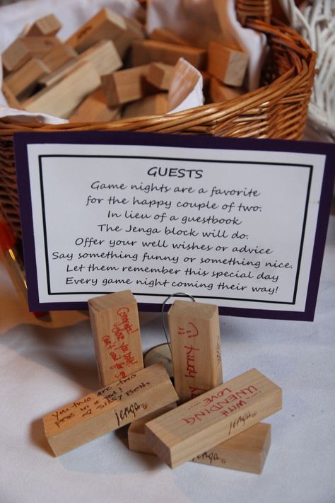 Jenga Wedding Guest Book- could be really fun if we go with lawn games during the reception Jenga Wedding Guest Book, Jenga Wedding, Book Funny, Wedding Favors Cheap, What To Write, Wedding Guest Looks, Wedding Games, Bridal Shower Games, Trendy Wedding