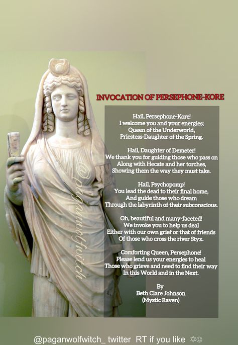 INVOCATION OF PERSEPHONE-KORE Dark Goddess #samhain #halloween #greekmythology #paganwolfwitch Persephone And Hecate, Persephone Invocation, Signs Of Persephone Witchcraft, Persephone Spell, Persephone Correspondences, Persephone Sigil, Persephone Altar Ideas, Persephone Offering, Persephone Worship