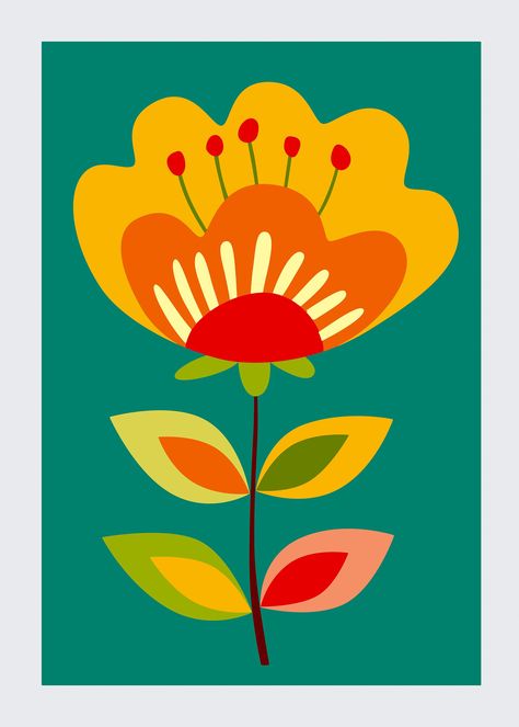 Flower Folk Art, Line Tattoo Ideas, Folk Art Flowers, Line Tattoo, 카드 디자인, Art Flowers, Orange Flower, Flower Art Painting, Folk Art Painting