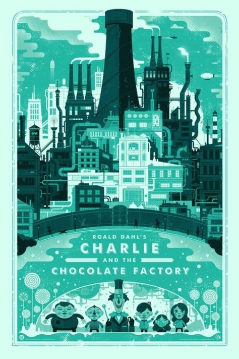 GRAHAM ERWIN’S POSTER FOR ROALD DAHL’S CHARLIE AND THE CHOCOLATE FACTORY Charlie Chocolate Factory, Charlie And The Chocolate Factory, Screen Print Poster, Posca Art, Level Design, Alternative Movie Posters, Willy Wonka, Roald Dahl, Chocolate Factory