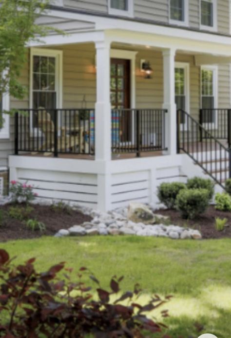 Shiplap Deck Skirting, Replace Lattice Under Porch, Front Door Off Center Porch, Farmhouse Porch Skirting, Skirting For Pier And Beam Homes, Deck On White House, Front Porch Railings Farmhouse, Adding A Front Porch To A Two Story Home, Alternatives To Lattice Under Porch