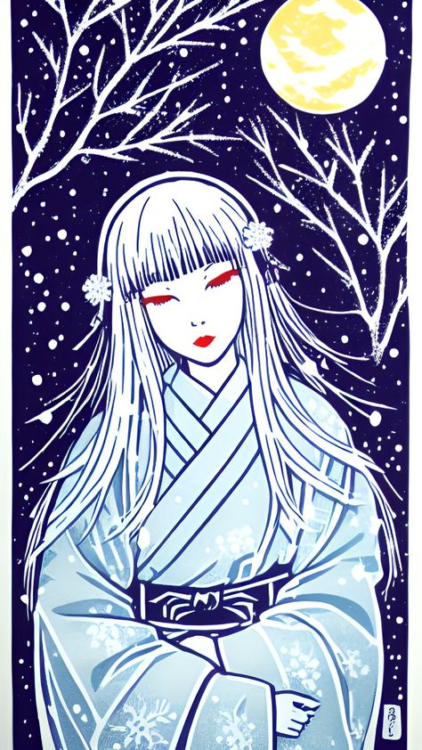 A yuki-onna woodblock style image generated with wombo dream Yuki Onna Art, Nure Onna, Kuchisake Onna, Japanese Urban Legends, Japanese Yokai, Yuki Onna, Japanese Legends, Japanese Folklore, Urban Legends