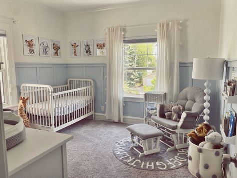 Blue Nursery Board And Batten, Blue Nursery Ideas Gender Neutral, Light Blue And Grey Nursery, Blue Jungle Nursery, Cream And Blue Nursery, Blue Panelling Nursery, Light Blue And Green Nursery, Shades Of Blue Nursery, Light Blue Nursery Ideas