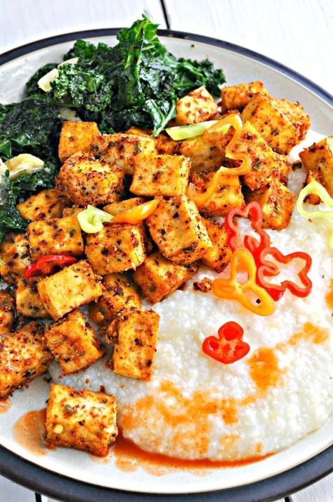 Cajun Tofu, Grits And Greens, Vegan Cajun, Creamy Grits, Tofu Recipes, Vegan Condiments, Vegan Foods, Grits, Vegan Eating