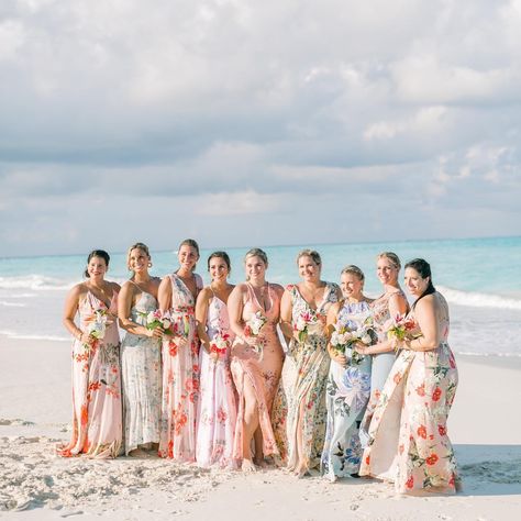 Bridesmaids dresses matched beautifully with tropical bouquets at this Bahama beach wedding.  📷@hunterberryphotography Blue Tropical Dress, Caribbean Bridesmaid Dresses, Tropical Beach Wedding Bridesmaid Dresses, Tropical Bridesmaids Dresses, Tropical Wedding Bridesmaid Dresses, Tropical Bridesmaid Dress, Beach Bridesmaids Dresses, Bridesmaids Beach Wedding, Bridesmaid Dresses Beach Wedding