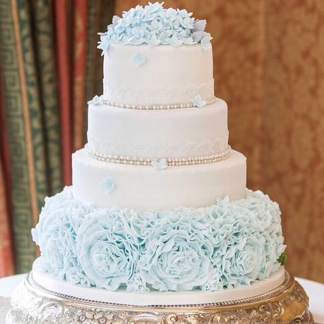 Powder blue ruffle wedding cake by Corr's cakes Dusty Blue And Gold Wedding Cake, Sparkle Cake, Ruffle Wedding Cake, Baby Blue Weddings, Wedding Cake Design, Blue White Weddings, Quinceanera Cakes, 3 Tier Wedding Cakes, Wedding Cake Roses