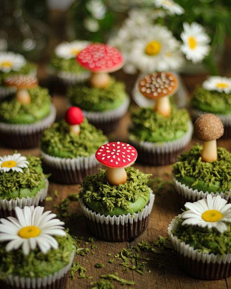 Cupcakes Decoration Mushroom, Toad Stool Cupcakes, Pink Fairy Themed Party, Mushroom Theme Cupcakes, How To Make Marzipan Mushrooms, Frog And Mushroom Themed Birthday Party, Elven Party Ideas, Fairy Garden Cupcake Ideas, Mushroom Themed Wedding