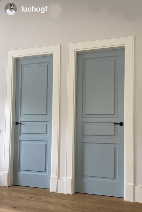 Colored Door White Trim, Painted Interior Doors Blue Gray, Blue Door Bedroom, Blue Inside Door, Blue Grey Doors Interior, Light Blue Door Color, Different Colored Doors Interior, Blue Gray Doors Interior, Interior Blue Doors